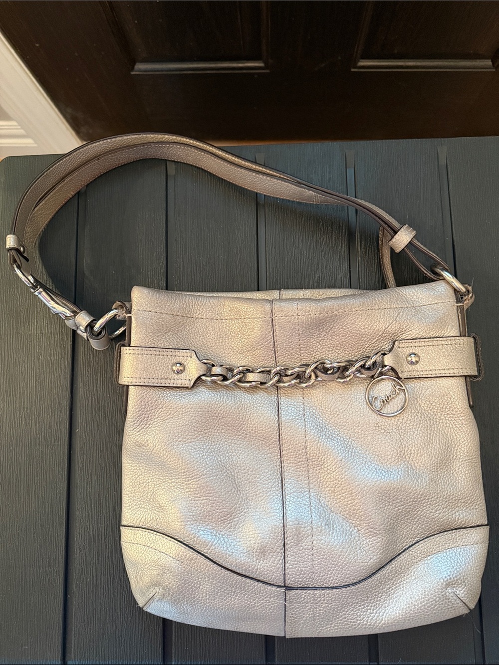 Coach Metallic Silver Leather Chain-Trim Shoulder Bag